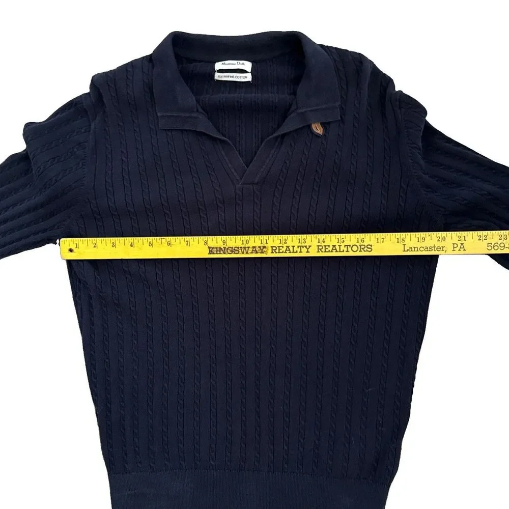 Massimo Dutti Extrafine Cotton Polo Sweater  Mens Sz L Navy Cable Knit Slim Fit